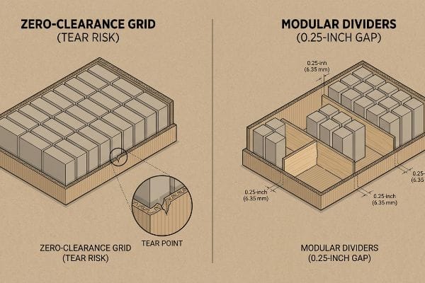Corrugated packaging comparison: Zero-Clearance Grid with a visible Tear Point versus Modular Dividers featuring a 0.25-inch (6.35 mm) gap.