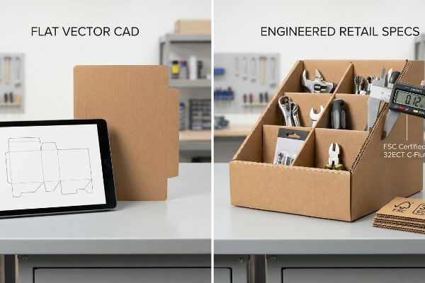 Corrugated cardboard display showing Flat Vector Cad dieline and Engineered Retail Specs organizer with tools, measured at 0.12 inches, Fsc Certified 32Ect C-Flute.