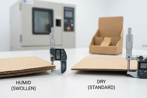 Corrugated cardboard thickness measured: Humid (Swollen) at 4.06 mm, Dry (Standard) at 3.04 mm, showing moisture swelling.