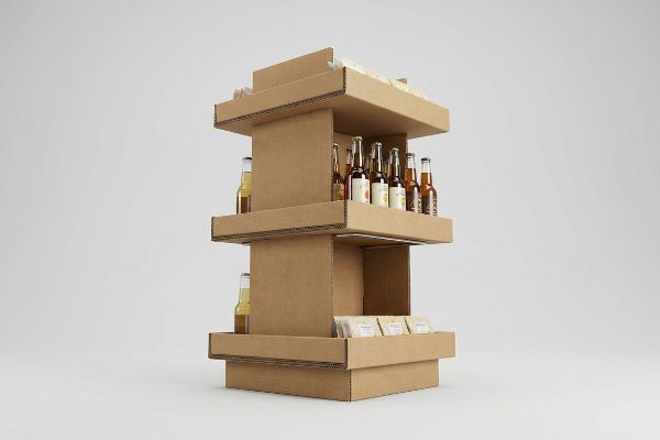 Corrugated cardboard three-tiered retail display stand showcasing beverage bottles and small packaged goods on a white background.