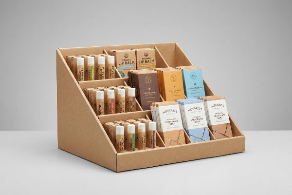 Natural brown corrugated cardboard counter display box with tiered steps, showcasing Organic Lip Balm and Merian's Natural Chocolate Bars for impulse buys.