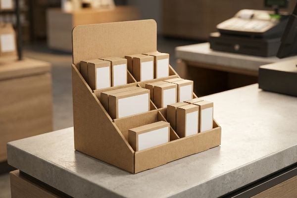 In a retail setting, a tiered corrugated counter display box holds small brown product boxes with white labels.