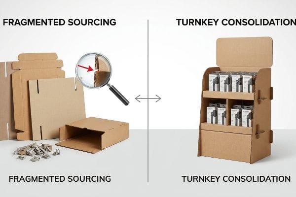 Corrugated cardboard components and metal clips for Fragmented Sourcing, with a magnifying glass showing assembly issues, contrasted with a Turnkey Consolidation display stand filled with product boxes.