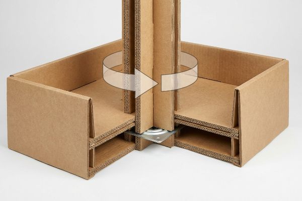 Corrugated cardboard kinetic spinner display base with internal double-wall spine and metal ball-bearing hardware, indicating rotation.