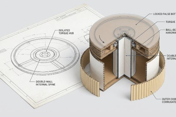A detailed cutaway model of a corrugated cardboard kinetic spinner display with its blueprint, highlighting an Isolated Torque Hub, Double-Wall Internal Spine, Locked False Bottom, and Ball-Bearing Hardware.