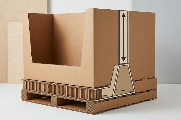 Brown corrugated cardboard display box on a pallet, showing a cutaway of its trapezoidal internal support with vertical grain alignment for 2,500 lbs dynamic load.