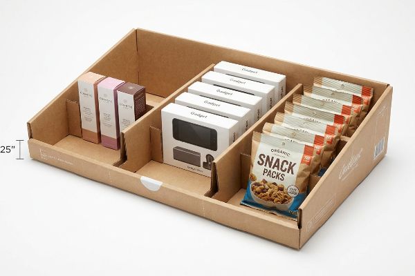 Brown corrugated cardboard retail display tray with 0.25-inch clearance, featuring Cosmetix boxes, Gadget electronics, and Organic Snack Packs.