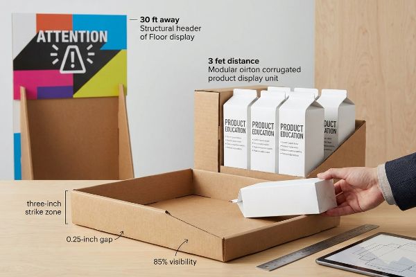 Corrugated product display unit with 'Product Education' boxes, showing 0.25-inch gap, 85% visibility, and 'three-inch strike zone'.