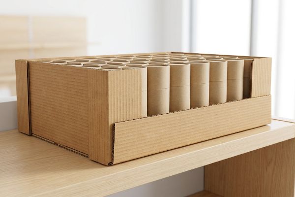 Corrugated cardboard tray filled with numerous brown cylindrical tubes, designed for shelf-ready retail packaging.
