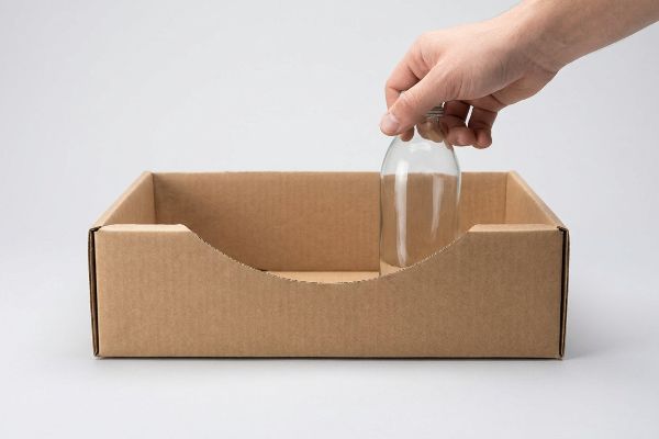 Brown corrugated tray with a custom die-cut swoop, as a hand places a clear glass bottle, optimizing the 3-inch conversion zone.