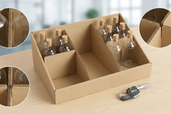 Kraft corrugated retail tray with modular dividers, showcasing small corked glass bottles and a digital micrometer for precise clearance measurement.