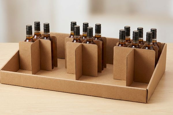 Brown corrugated cardboard tray with modular dividers showcasing amber bottles for retail merchandising.