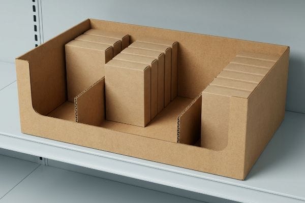 Brown corrugated cardboard shelf-ready tray with structural dividers organizing smaller brown boxes for efficient stock conditioning on a retail shelf.