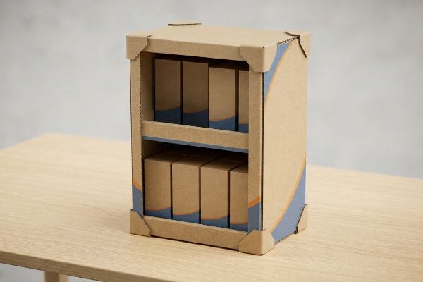 A retail corrugated cardboard POP display with two shelves, accented by blue and orange graphics, showcasing multiple small brown product boxes.