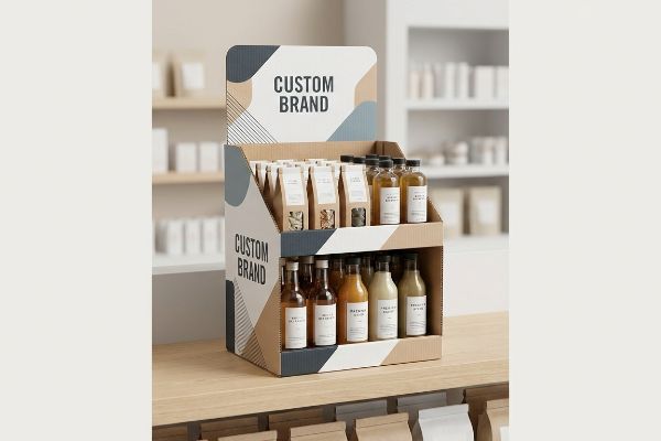 A two-tier corrugated PDQ display, branded 'Custom Brand', showcases small bottles and pouches on a wooden counter, highlighting retail-ready merchandising.