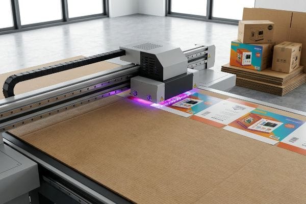 A large digital UV flatbed printer applies colorful graphics directly onto corrugated board sheets for packaging, utilizing UV curing technology.