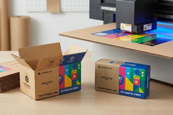 Corrugated cardboard boxes showcasing Coranware Resolutive Traditional Ink versus vibrant UV Digital Print, with a digital printer in the background.