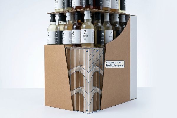 Brown corrugated display with a cutaway revealing internal Vertical Fluting Alignment for Maximum Load Strength, supporting multiple product bottles.