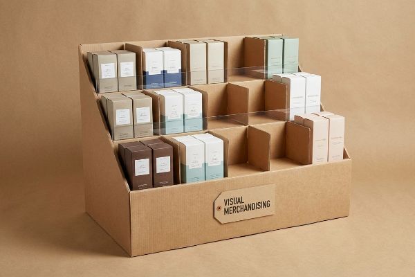 Corrugated cardboard retail display with multi-colored product boxes and clear modular dividers, featuring a 'Visual Merchandising' tag.
