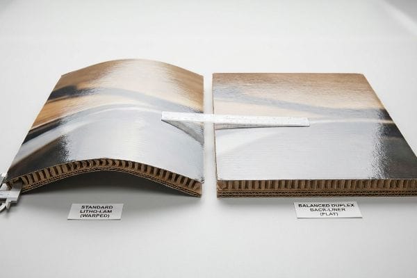 Warped Standard Litho-Lam corrugated board contrasts with a flat Balanced Duplex Back-Liner, demonstrating moisture compensation.
