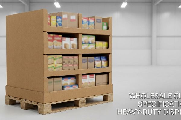 A heavy-duty corrugated display for Wholesale Club Specifications, filled with products on a wooden pallet in a warehouse setting.