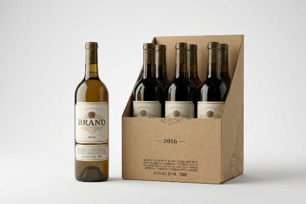 Wine Display Box 2016 Corrugated cardboard wine display box holding five dark bottles next to a single white wine bottle, all labeled 'Brand 2016'.