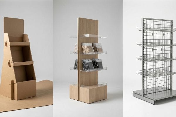 Three distinct retail displays: a temporary corrugated cardboard unit, a semi-permanent wood and acrylic stand with products, and a permanent steel wire grid fixture.