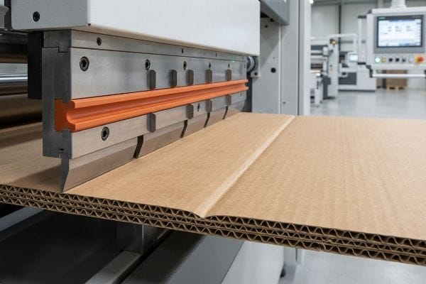 Double-wall corrugated cardboard is precisely scored by a corrugator machine's orange polymer creasing channel, preventing internal flute crushing.