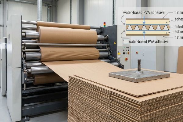 Corrugator machine making corrugated cardboard from brown paper rolls, with a diagram showing Water-Based PVA Adhesive bonding flat and fluted liners, and stacked boards under dead-weight curing.