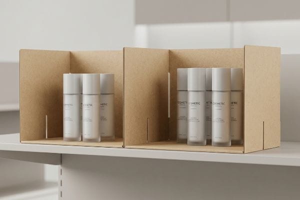 Brown corrugated cardboard modular dividers showcase Cosmetic brand bottles in 3-5-7 asymmetrical clusters on a retail shelf.