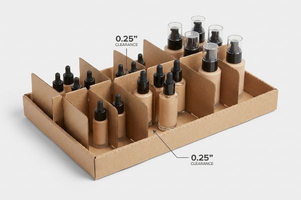 Cardboard display tray with internal SKU dividers holding cosmetic foundation bottles, showing 0.25-inch physical Clearance for zero-tear restock.