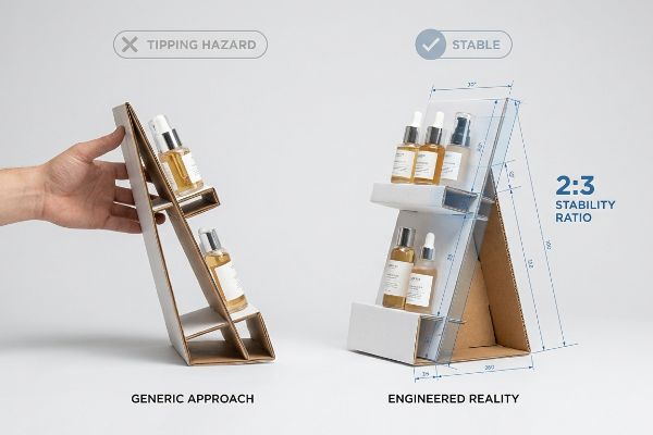 Cardboard cosmetic display comparison: a hand prevents a generic, tipping hazard unit from falling, while an engineered, stable unit highlights a 2:3 stability ratio.
