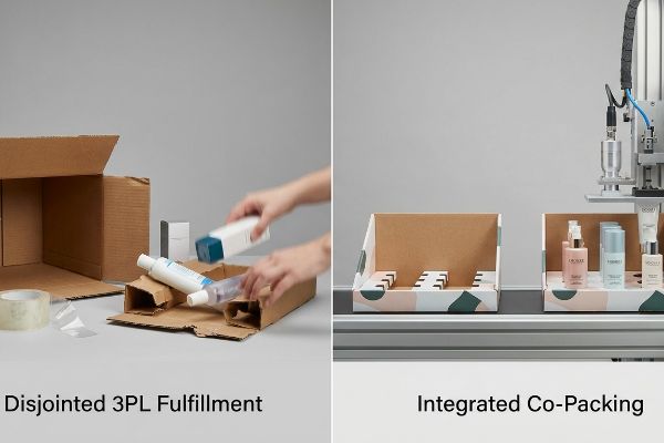 Brown cardboard boxes and clear tape show Disjointed 3PL Fulfillment, contrasting with a robotic arm placing cosmetics into custom display trays for Integrated Co-Packing.