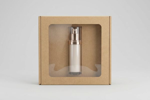 A white cosmetic pump bottle with a rose gold cap inside a brown Kraft paper show box with a clear viewing window.