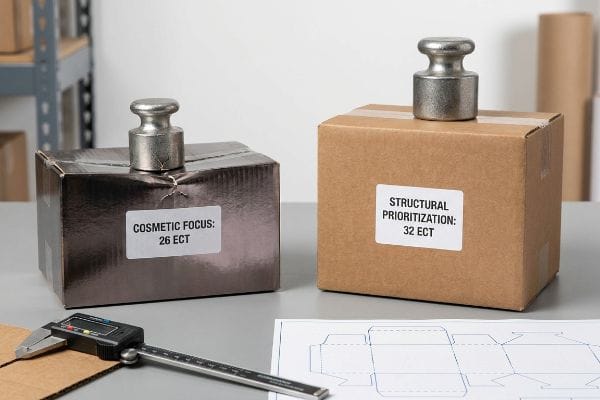 Digital caliper near packaging boxes: 'Cosmetic Focus: 26 ECT' metallic box and 'Structural Prioritization: 32 ECT' brown box.