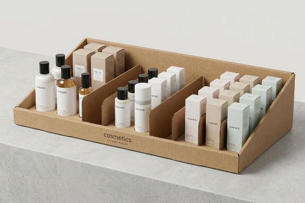 Corrugated cardboard shelf tray display with modular dividers organizing cosmetic bottles and boxes in asymmetrical groupings.