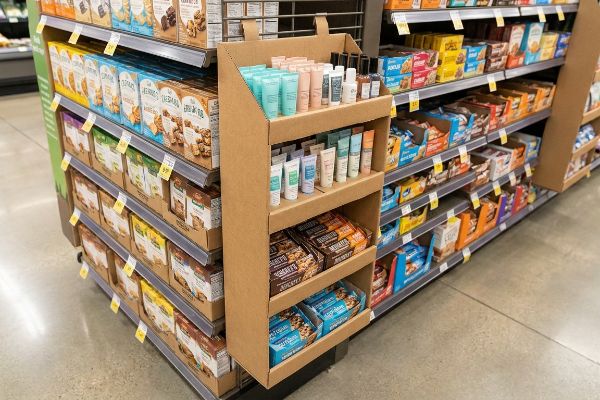 A grocery store aisle features a brown corrugated sidekick display, holding cosmetic tubes, Hershey's chocolate bars, and Blue Diamond snacks.