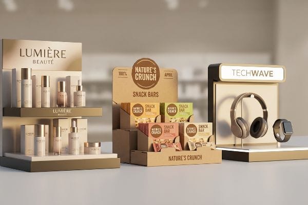 Retail POP Display Examples Three distinct POP displays showcase Lumière Beauté cosmetics, Nature's Crunch Snack Bars in kraft paper, and Techwave headphones with a smartwatch.