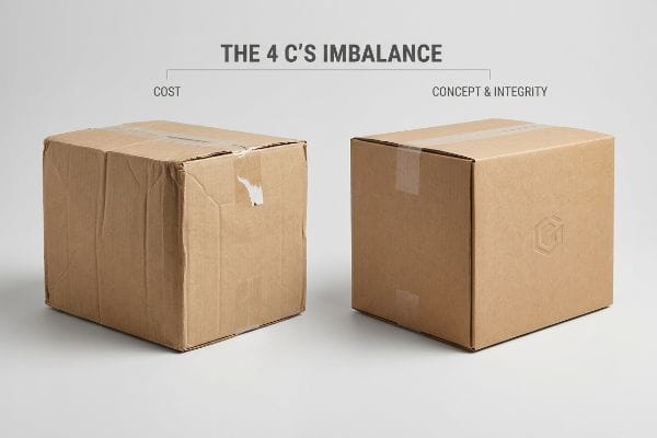 4 C's Packaging Imbalance Damaged 'Cost' and pristine 'Concept & Integrity' corrugated boxes illustrate The 4 C's Imbalance in retail packaging.