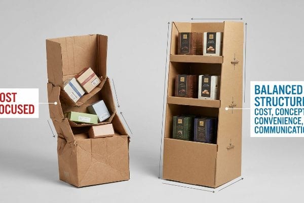 Retail Display Structure Comparison Brown corrugated cardboard displays contrasting a 'Cost Focused' flimsy unit with a sturdy 'Balanced Structure' retail display holding product boxes.