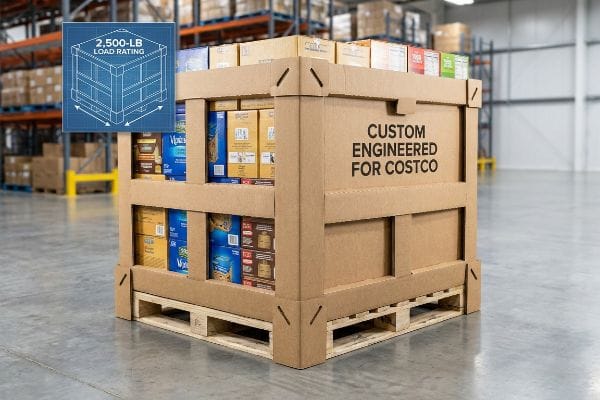 Custom Costco Display Pallet A custom-engineered corrugated display for Costco, labeled "Custom Engineered For Costco" and showing a "2,500-Lb Load Rating" blueprint, filled with products on a wooden pallet in a warehouse.