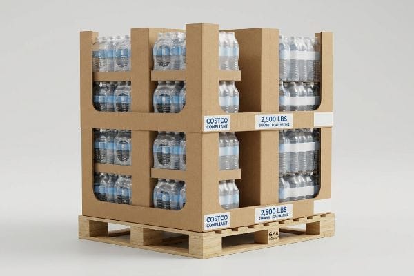 Expositor de cartón corrugado marrón, cargado con botellas de agua de plástico sobre un palé de madera, con las etiquetas "Cumple con las normas de Costco" y "Capacidad de carga dinámica de 2500 libras".