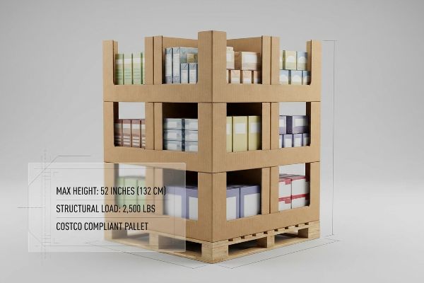 Brown cardboard pallet display, Costco compliant, showing Max Height: 52 Inches (132 Cm) and Structural Load: 2,500 Lbs.