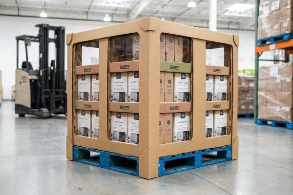 A heavy-duty corrugated pallet merchandiser for Costco products, featuring windowed sections displaying 