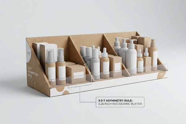 Kraft cardboard point of sale display showcasing the 3-5-7 Asymmetry Rule with a 0.25-inch restocking buffer between cosmetic bottles and boxes.