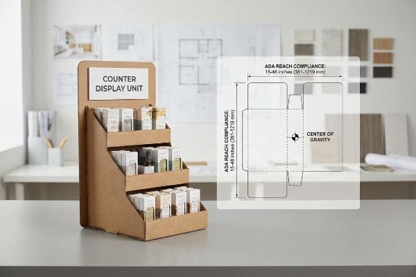 Brown cardboard three-tier Counter Display Unit with product boxes, featuring a diagram showing ADA Reach Compliance (15-48 inches) and Center of Gravity.