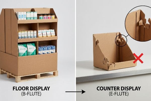 B-Flute E-Flute Displays Corrugated cardboard floor display (B-Flute) with products, contrasted with a counter display (E-Flute) showing a critical tab assembly flaw.