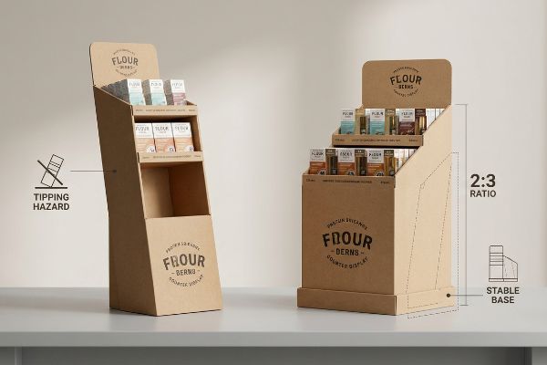Expositor de balcão Flour Berns em papelão kraft natural, destacando um design instável com risco de tombamento ao lado de um design estável com proporção 2:3.