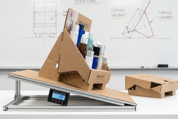 Cardboard Brandic countertop display with cosmetic bottles on a 15-degree tilt test platform, showing a digital protractor at 150.