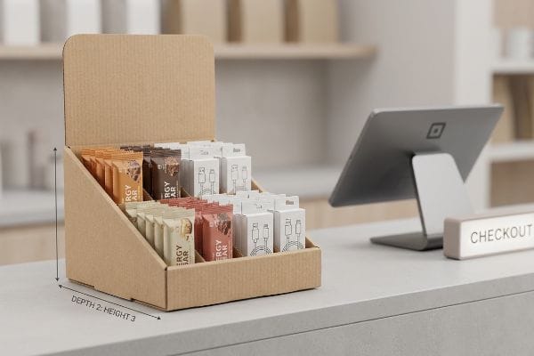 Natural kraft corrugated countertop PDQ display unit showcasing Energy Bars and charging cables at a checkout counter, with a 2:3 depth-to-height ratio.